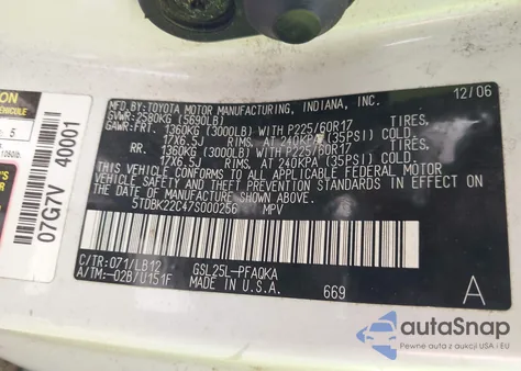 2007 Toyota Sienna Xle Limited z USA, uszkodzony, nr VIN 5TDBK22C47S000256